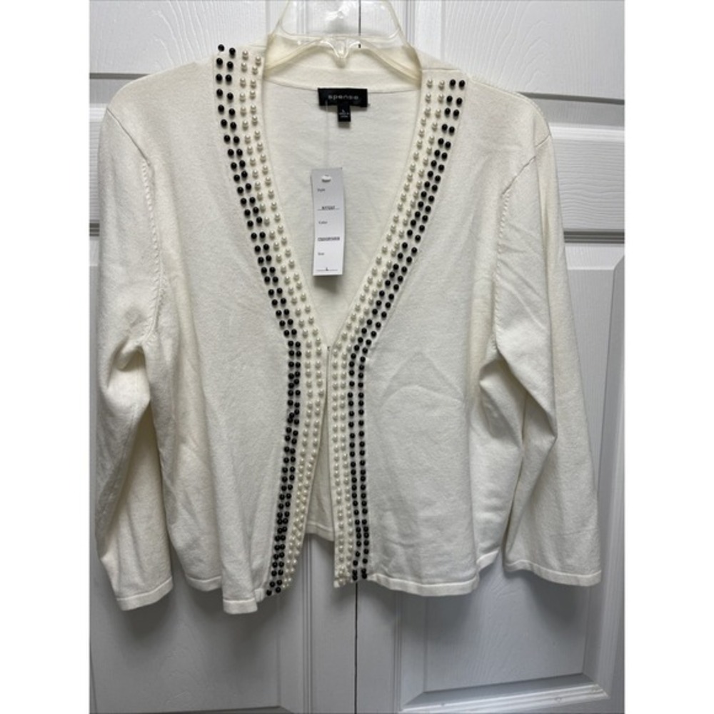 Spense Size Large Crop‎ Cardigan Sweater 3/4 Sleeve Bead Trim Rayon/Poly Ivory